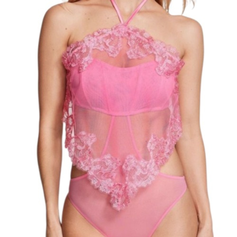 Victoria's Secret Embroidered Halter Neck Teddy Bodysuit S Sheer Mesh Romantic